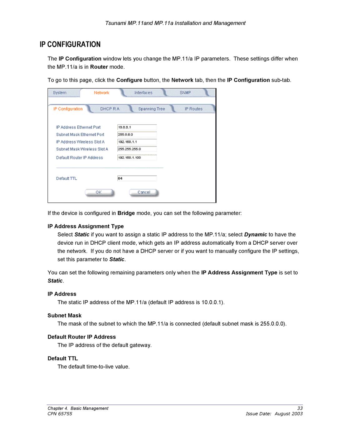 Proxim CPN 65755B manual IP Configuration 