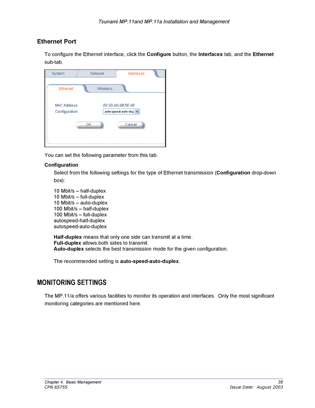 Proxim CPN 65755B manual Monitoring Settings, Configuration 