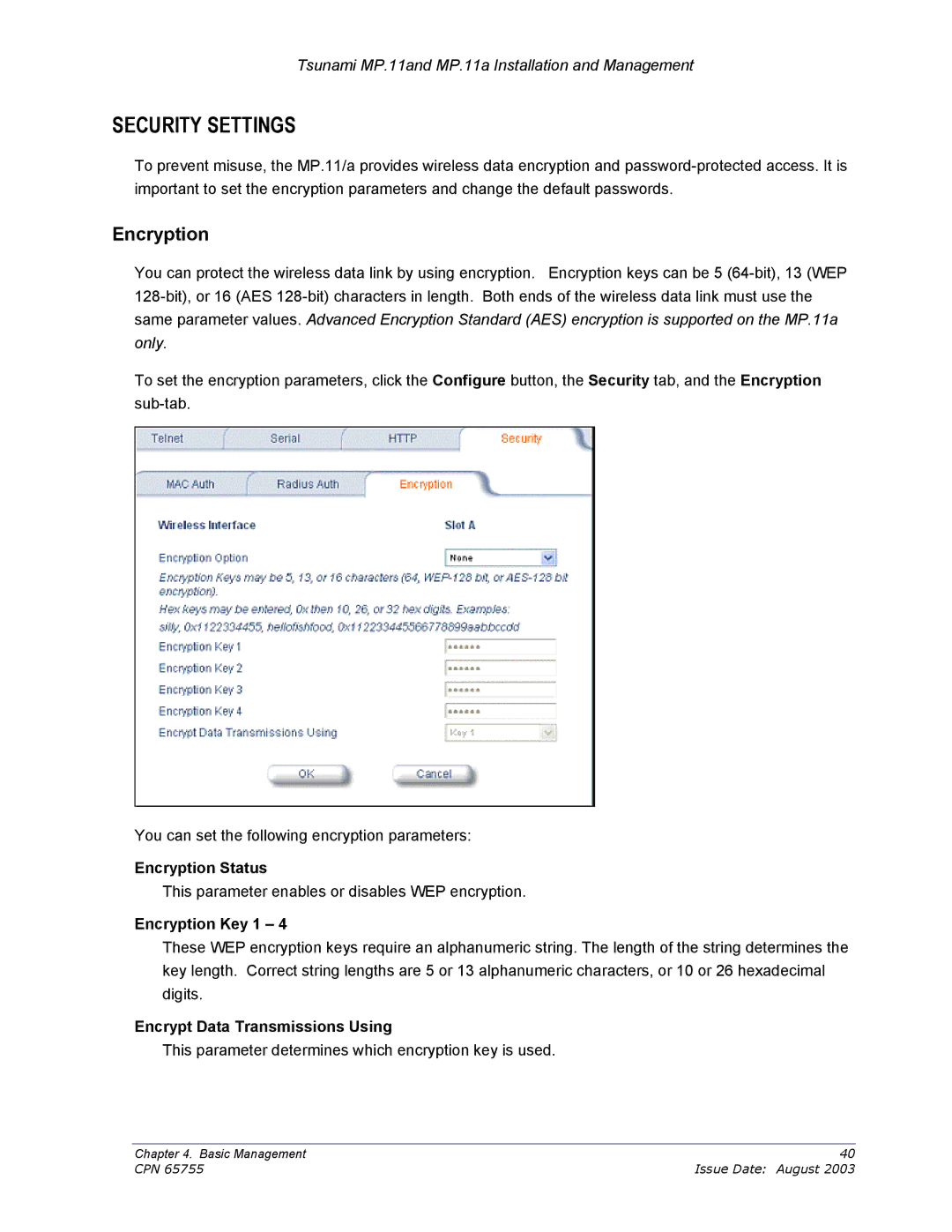 Proxim CPN 65755B manual Security Settings, Encryption Status, Encryption Key 1, Encrypt Data Transmissions Using 