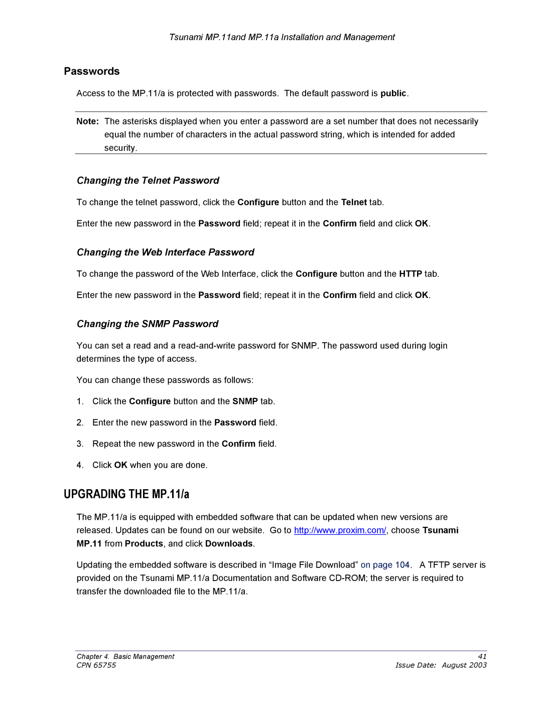 Proxim CPN 65755B Passwords, Changing the Telnet Password, Changing the Web Interface Password, Changing the Snmp Password 