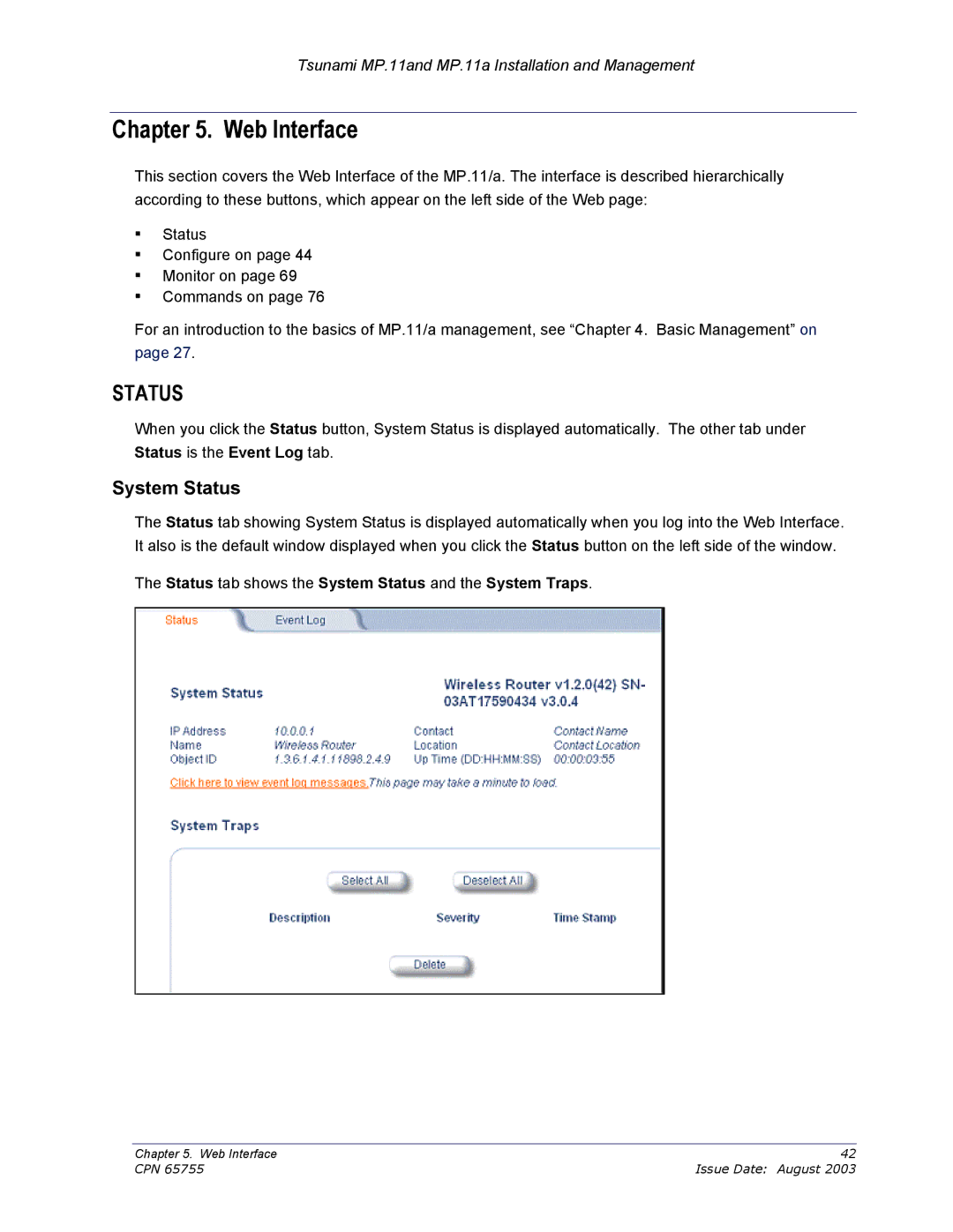 Proxim CPN 65755B manual Web Interface, Status tab shows the System Status and the System Traps 