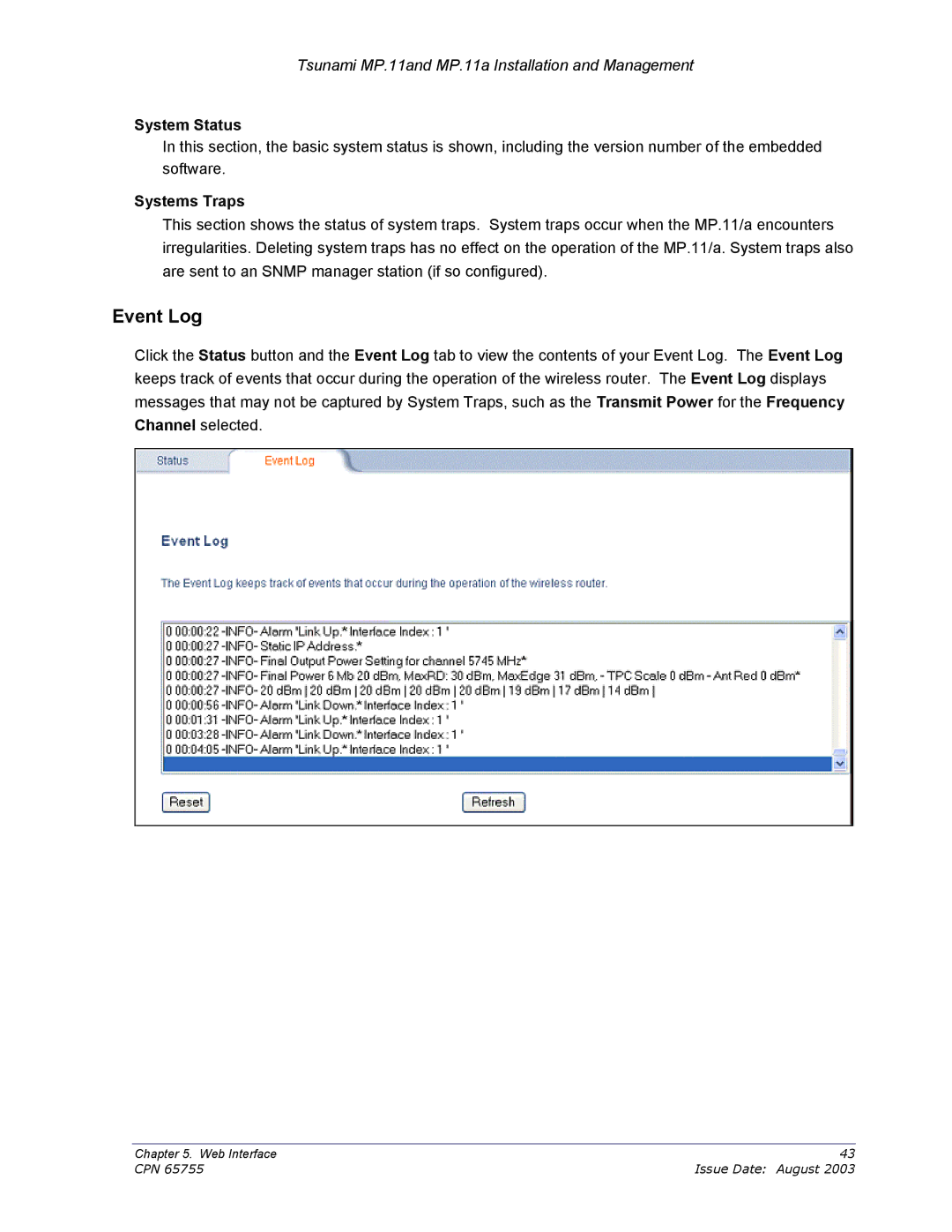 Proxim CPN 65755B manual Event Log, System Status, Systems Traps 