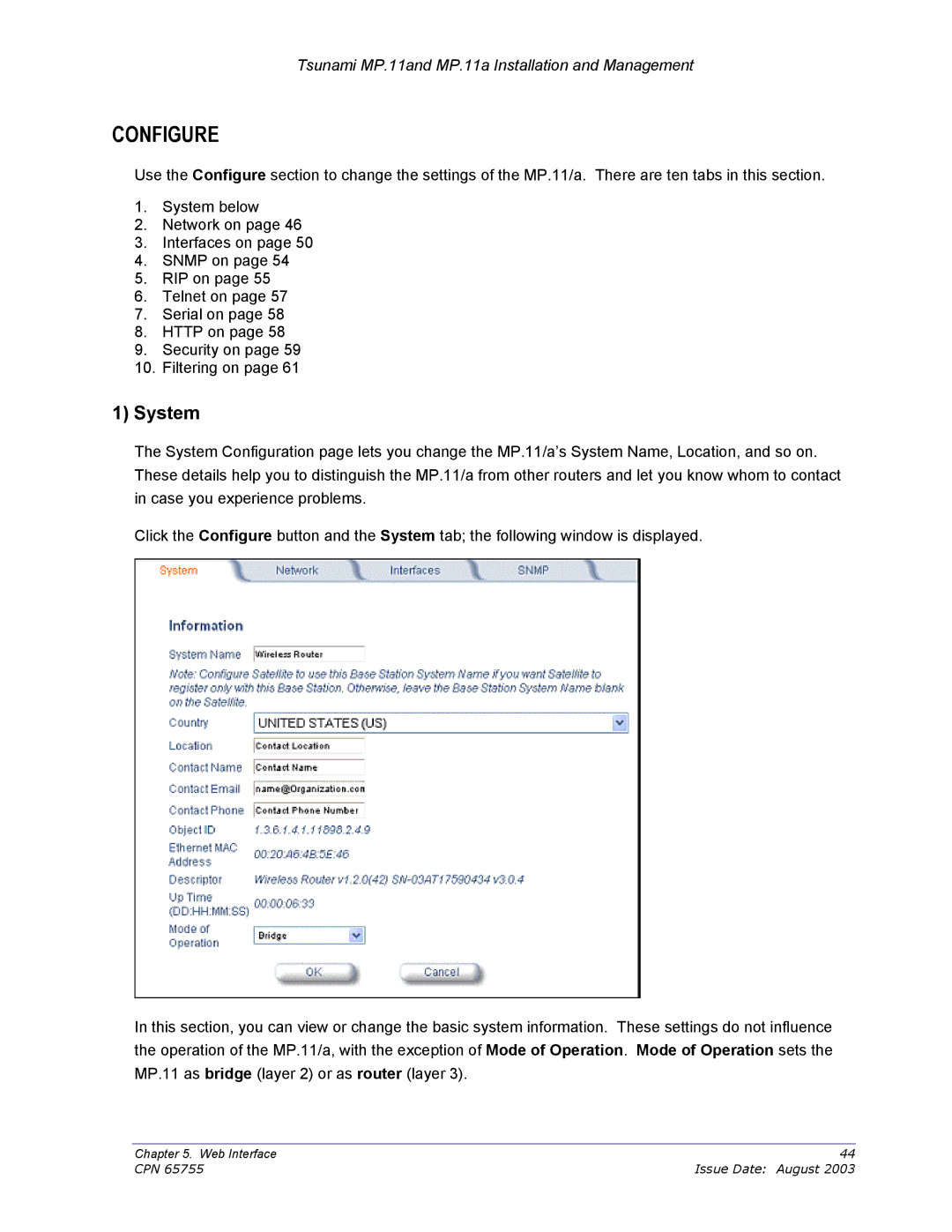 Proxim CPN 65755B manual Configure, System 