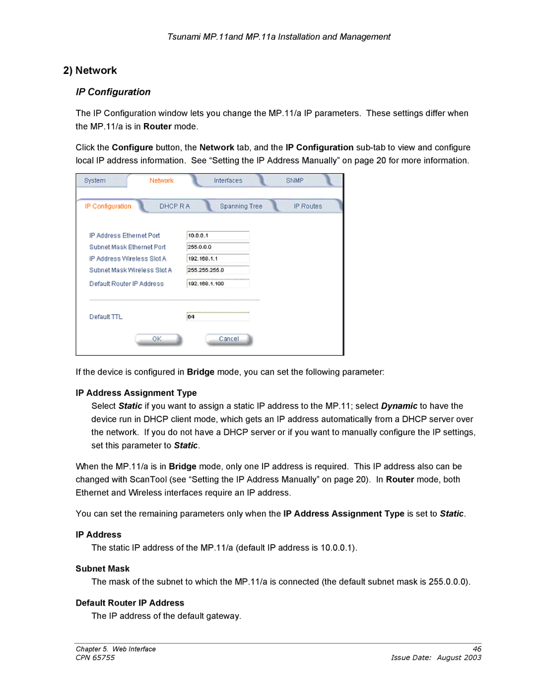 Proxim CPN 65755B manual Network, IP Configuration 