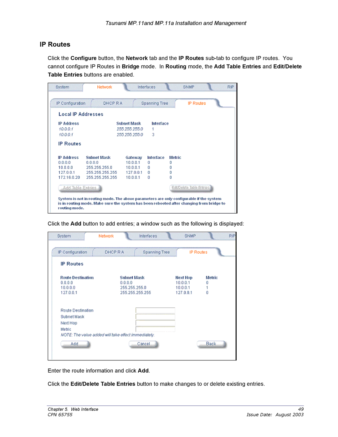 Proxim CPN 65755B manual IP Routes 