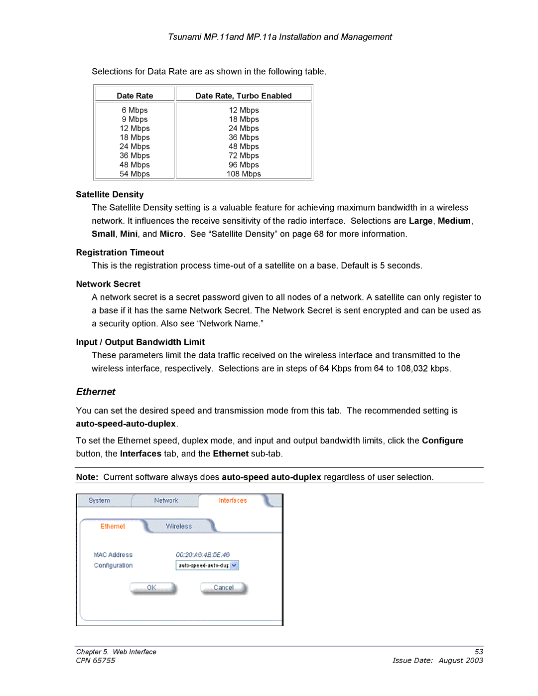 Proxim CPN 65755B manual Ethernet, Auto-speed-auto-duplex 