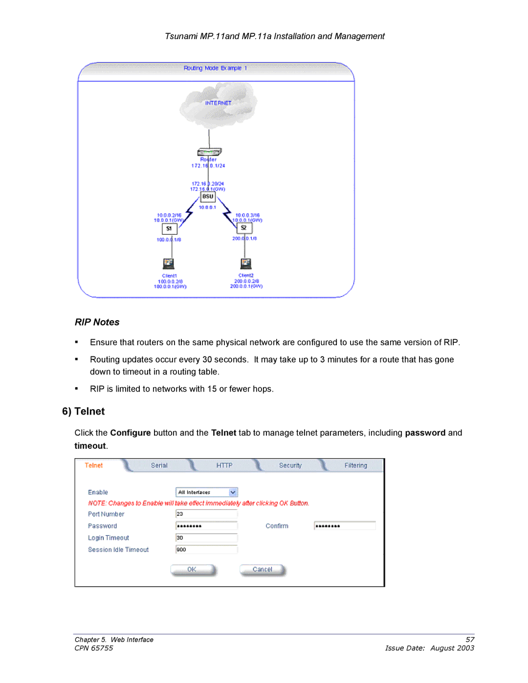 Proxim CPN 65755B manual Telnet, RIP Notes, Timeout 