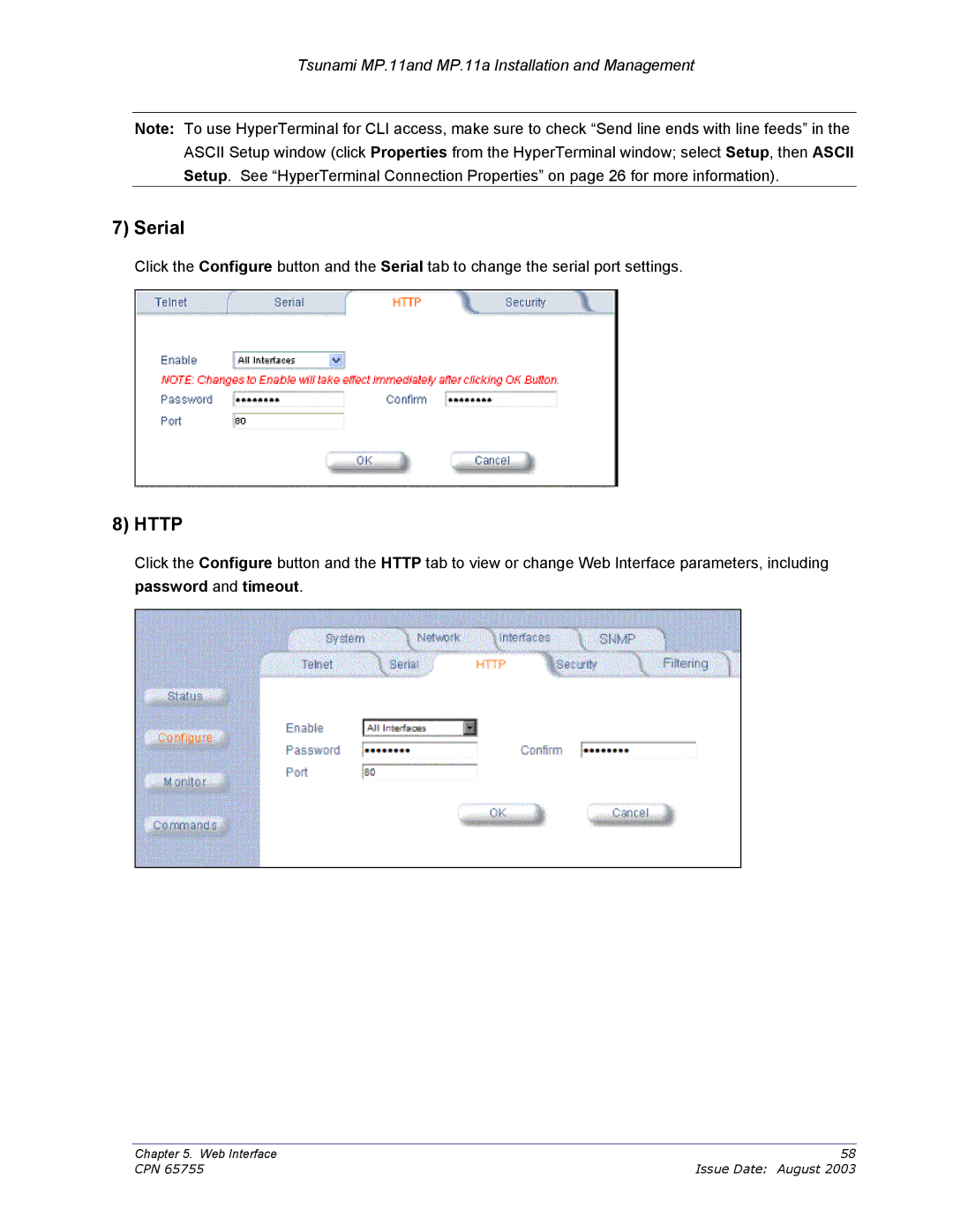 Proxim CPN 65755B manual Serial, Password and timeout 