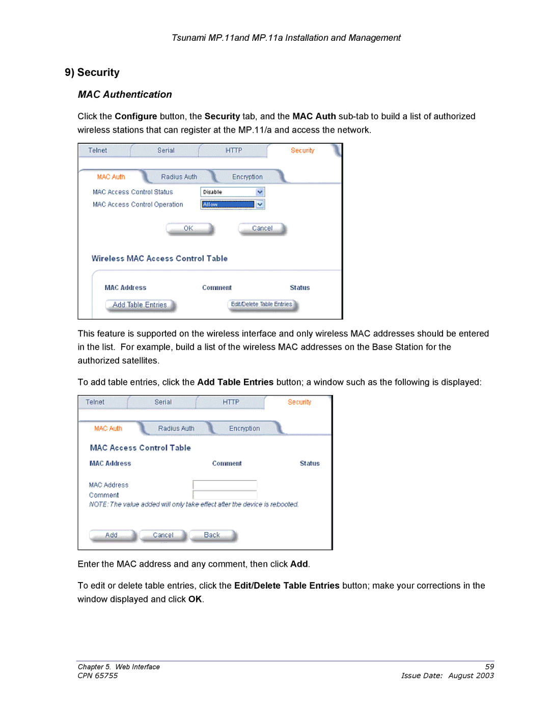 Proxim CPN 65755B manual Security, MAC Authentication 