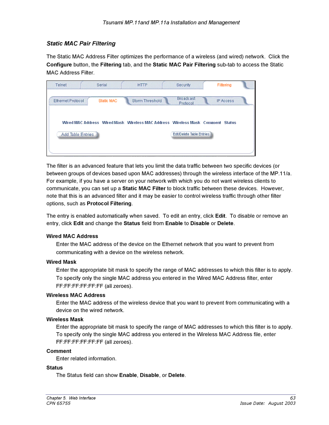 Proxim CPN 65755B manual Static MAC Pair Filtering 