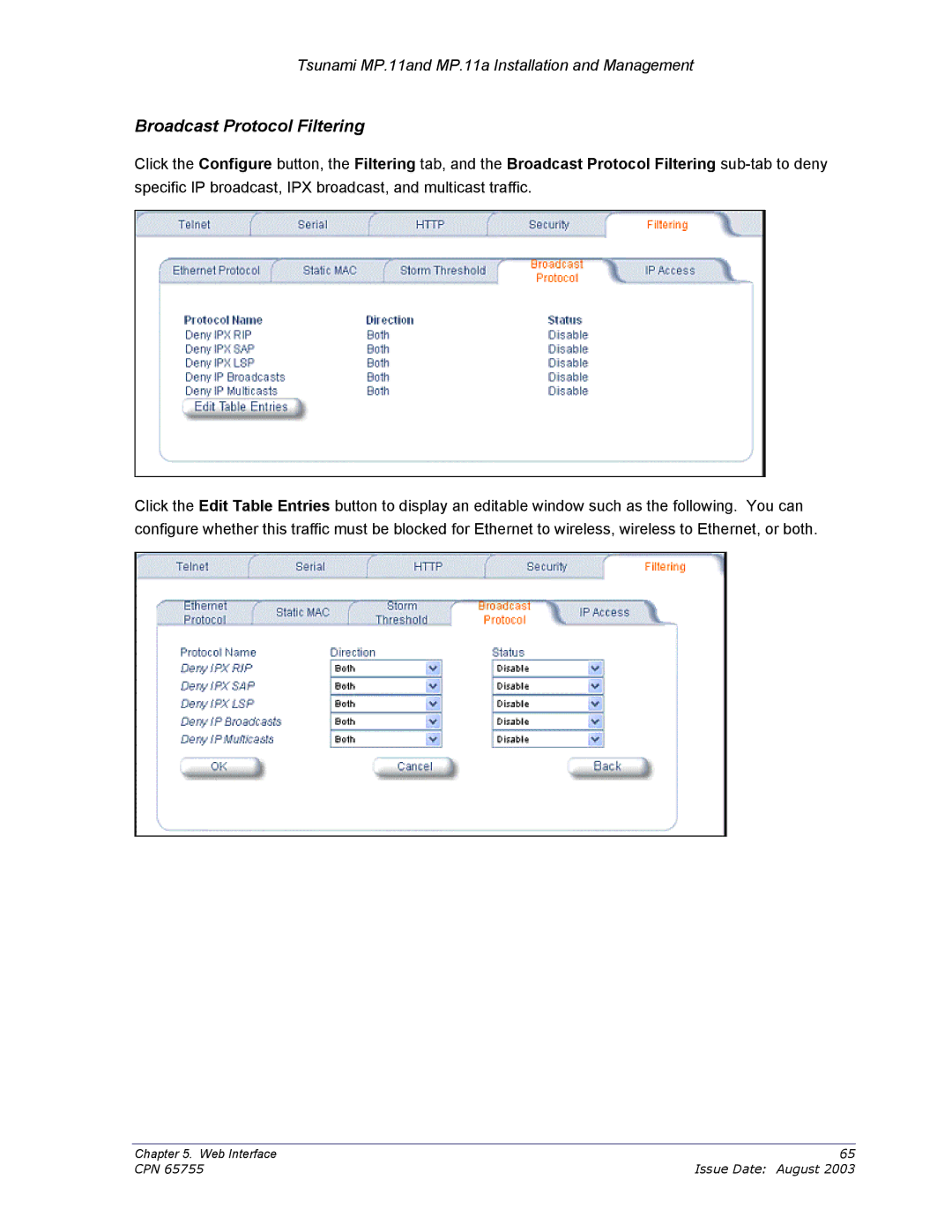 Proxim CPN 65755B manual Broadcast Protocol Filtering 