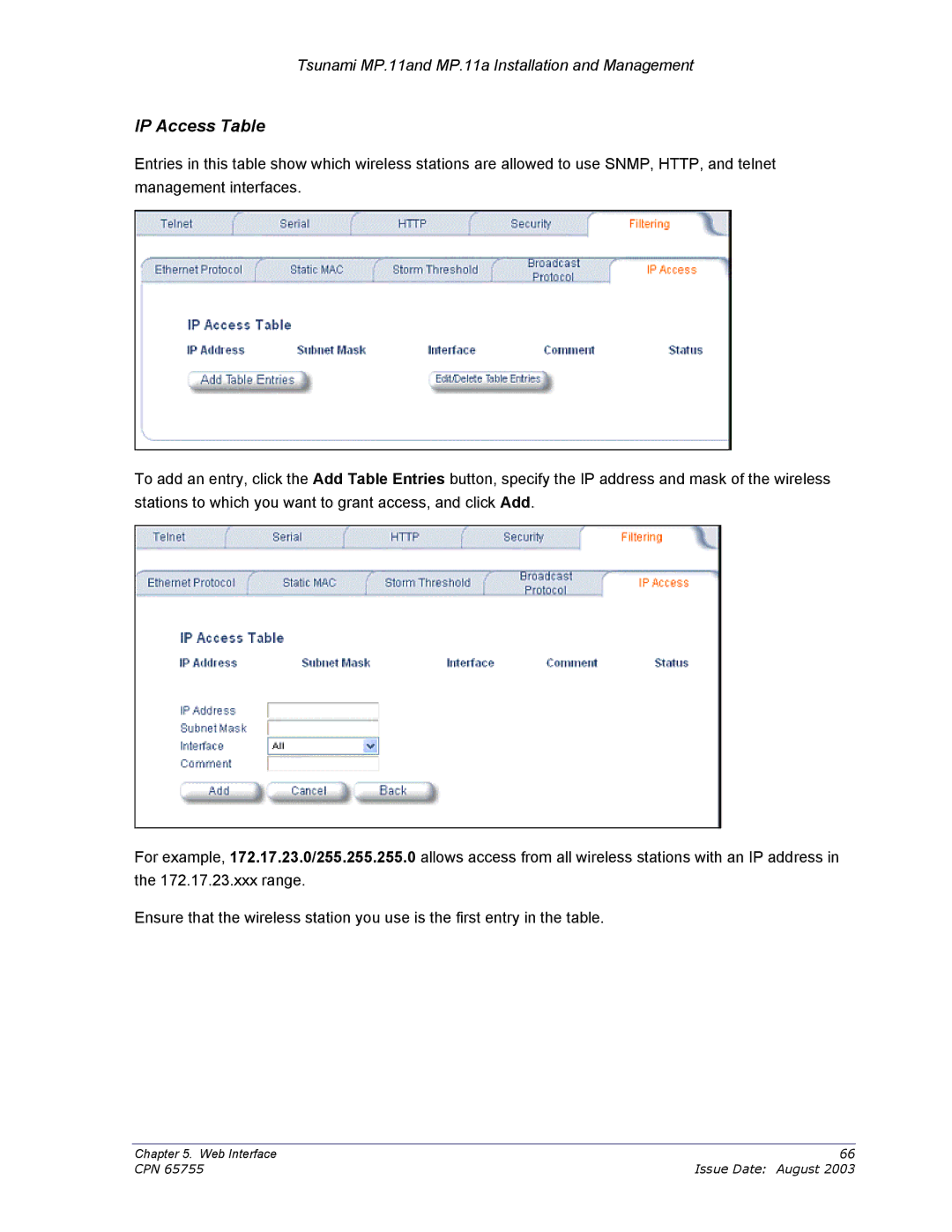 Proxim CPN 65755B manual IP Access Table 