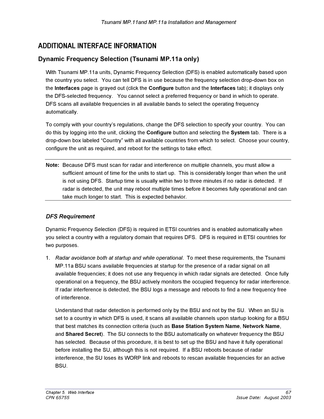 Proxim CPN 65755B manual Additional Interface Information, Dynamic Frequency Selection Tsunami MP.11a only, DFS Requirement 