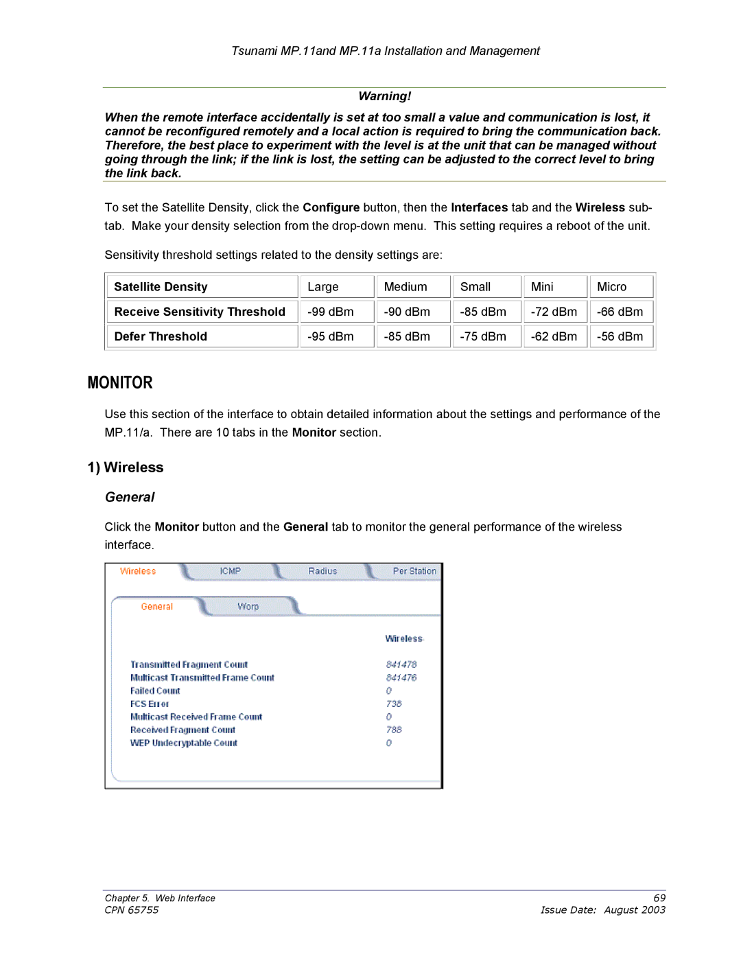 Proxim CPN 65755B manual Monitor, General, Receive Sensitivity Threshold, Defer Threshold 