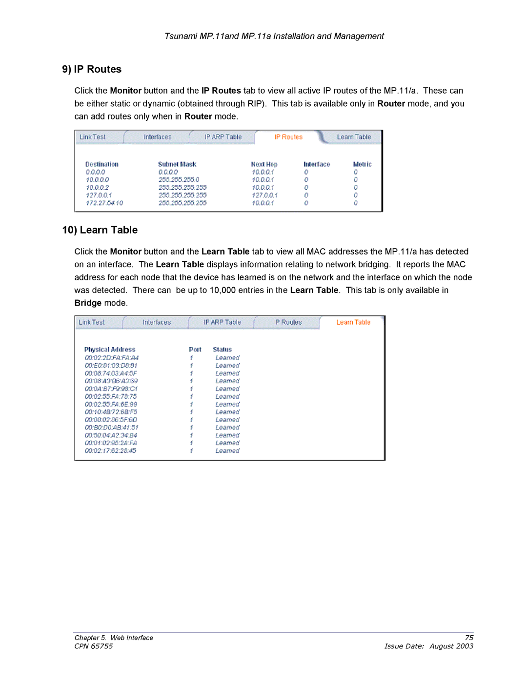 Proxim CPN 65755B manual IP Routes, Learn Table 