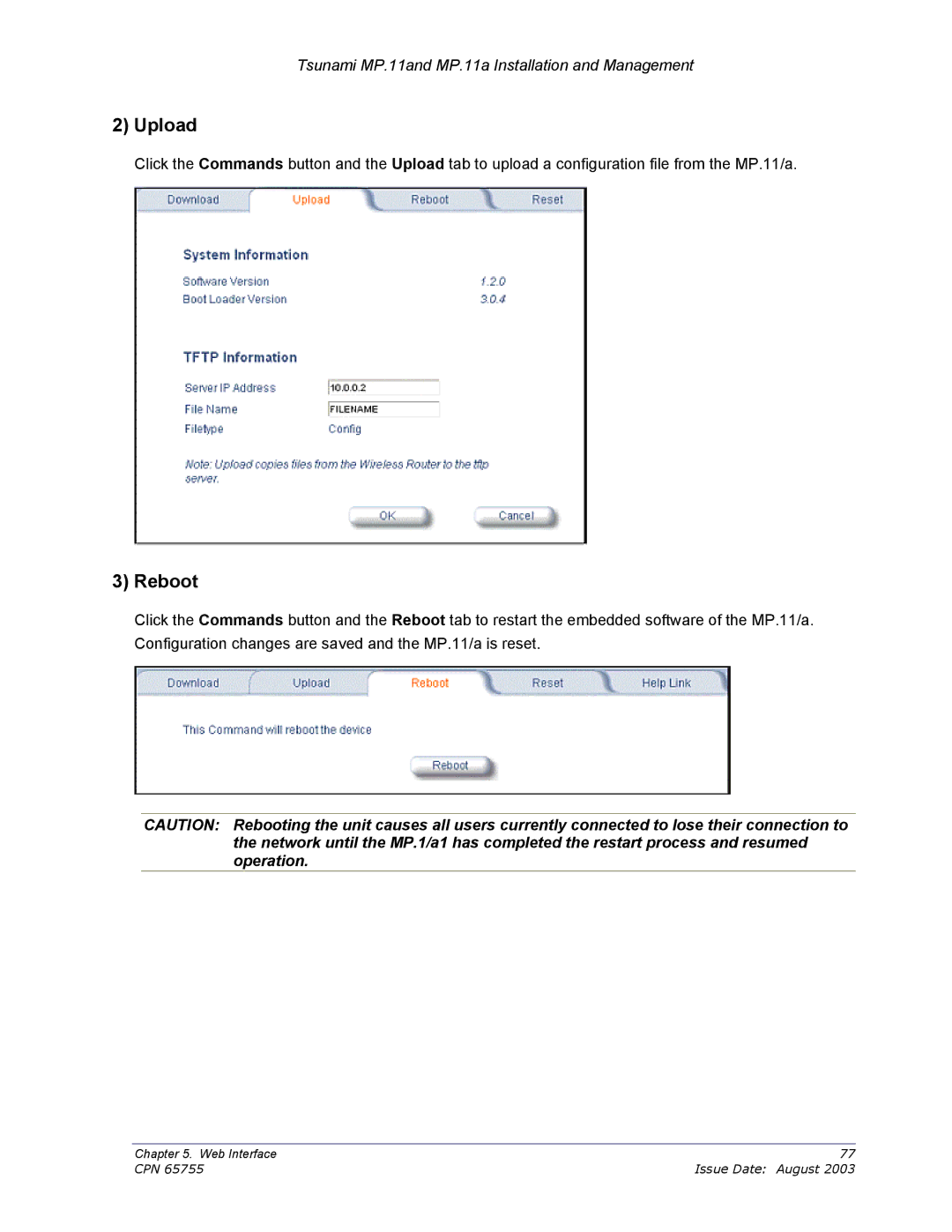 Proxim CPN 65755B manual Upload, Reboot 