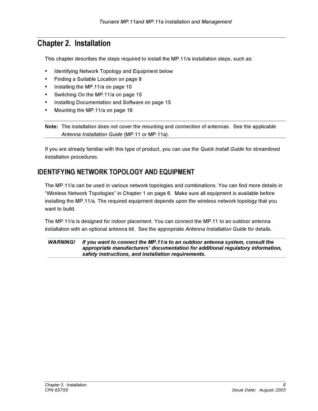 Proxim CPN 65755B manual Installation, Identifying Network Topology and Equipment 