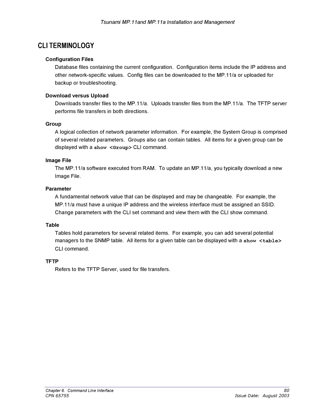 Proxim CPN 65755B manual CLI Terminology, Tftp 