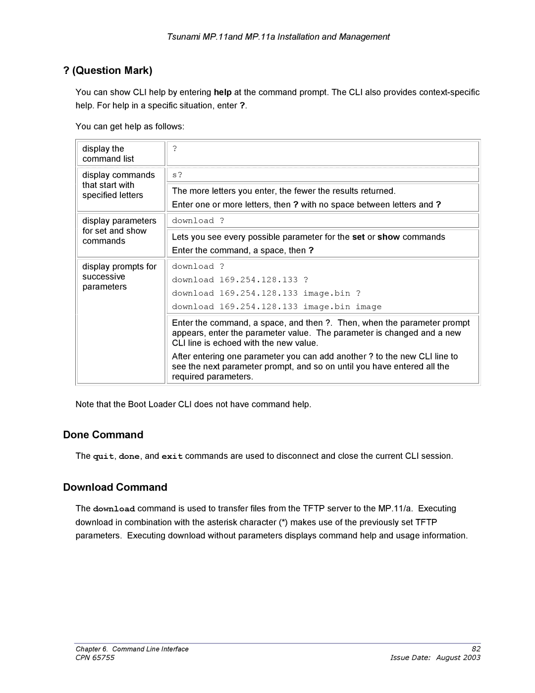 Proxim CPN 65755B manual ? Question Mark, Done Command, Download Command, Download ?, Download 169.254.128.133 ? 