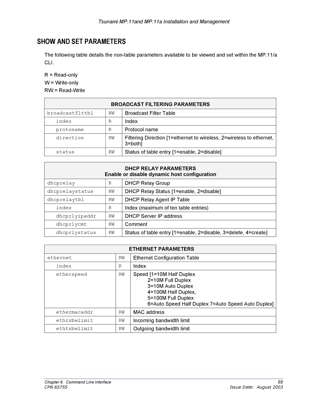 Proxim CPN 65755B Show and SET Parameters, Broadcast Filtering Parameters, Dhcp Relay Parameters, Ethernet Parameters 