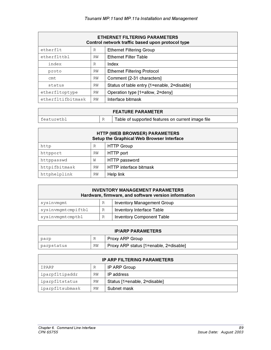 Proxim CPN 65755B manual Ethernet Filtering Parameters, Feature Parameter, Http WEB Browser Parameters, IP/ARP Parameters 