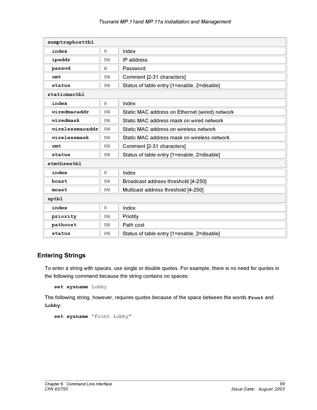 Proxim CPN 65755B manual Entering Strings, Set sysname Front Lobby 