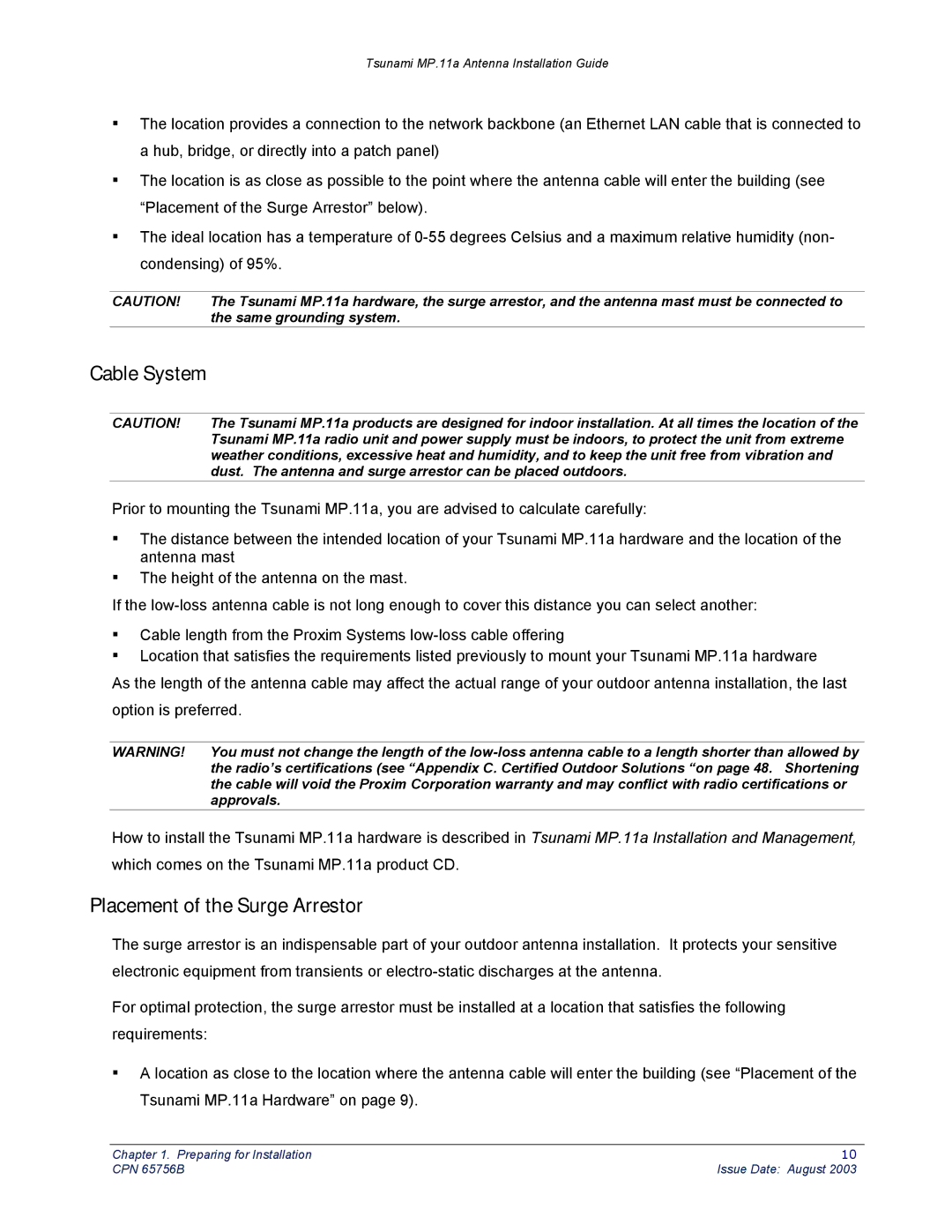 Proxim CPN 65756B manual Cable System, Placement of the Surge Arrestor 