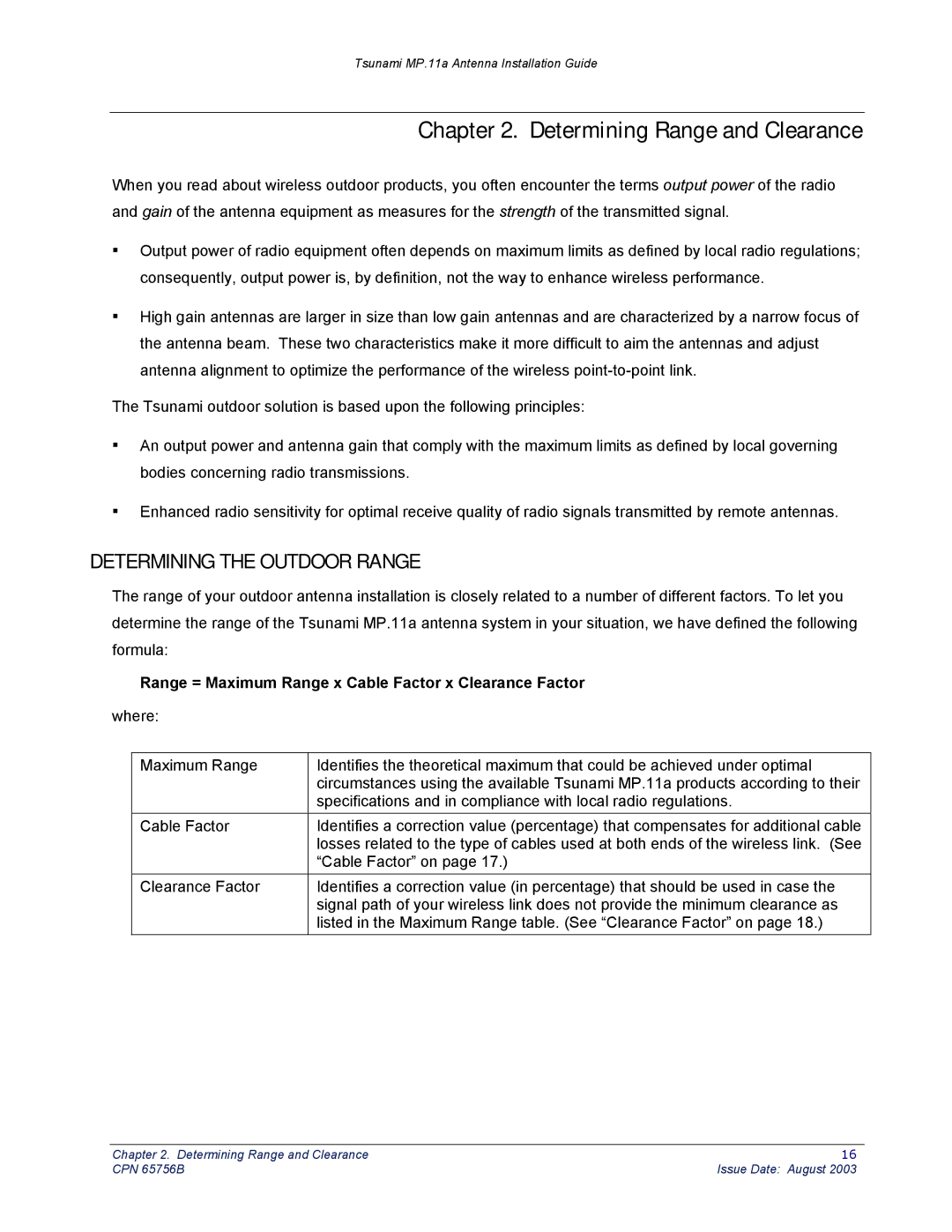 Proxim CPN 65756B manual Determining Range and Clearance, Determining the Outdoor Range 