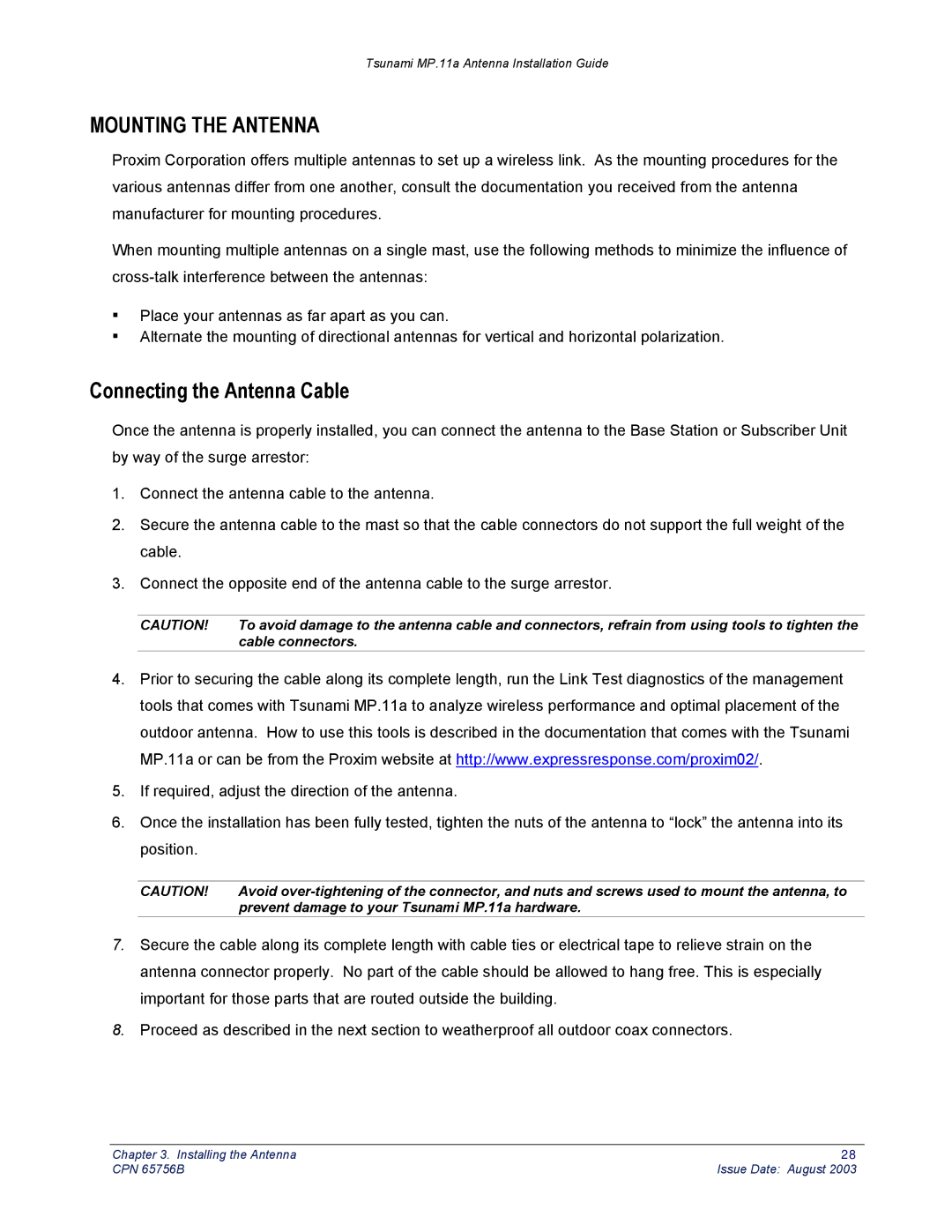 Proxim CPN 65756B manual Mounting the Antenna, Connecting the Antenna Cable 