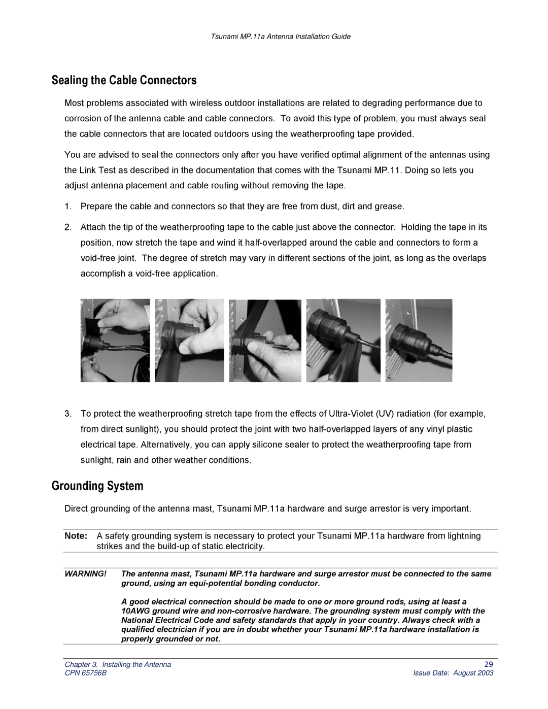 Proxim CPN 65756B manual Sealing the Cable Connectors, Grounding System 