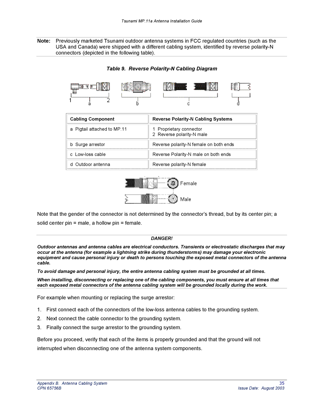 Proxim CPN 65756B manual Reverse Polarity-N Cabling Diagram, Cabling Component Reverse Polarity-N Cabling Systems 