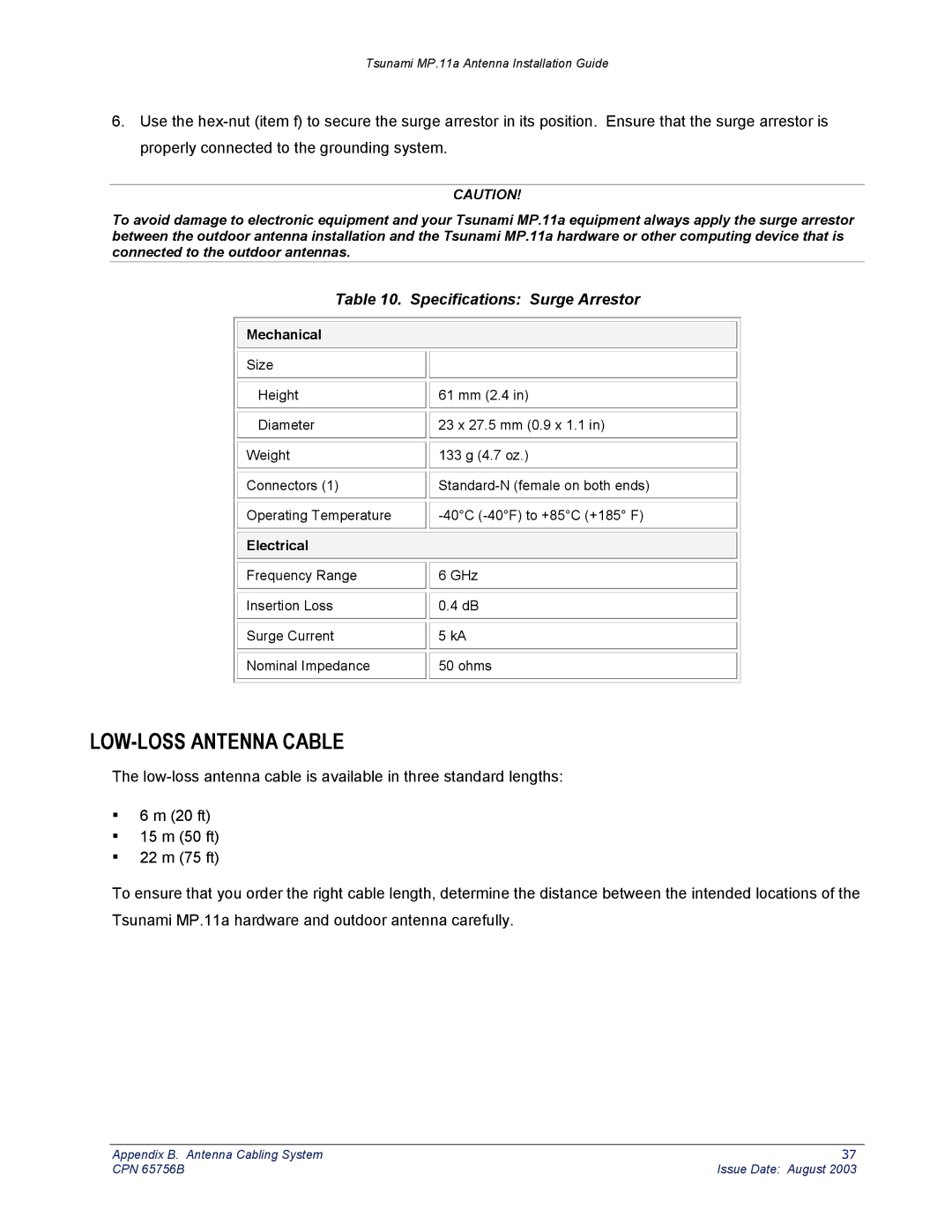 Proxim CPN 65756B manual LOW-LOSS Antenna Cable, Specifications Surge Arrestor 