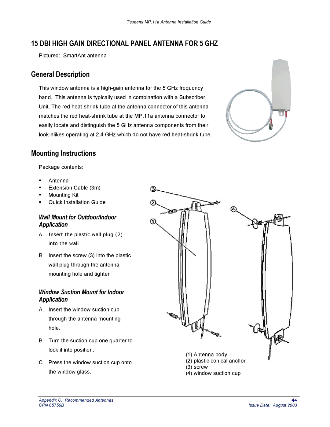 Proxim CPN 65756B manual DBI High Gain Directional Panel Antenna for 5 GHZ, General Description, Mounting Instructions 