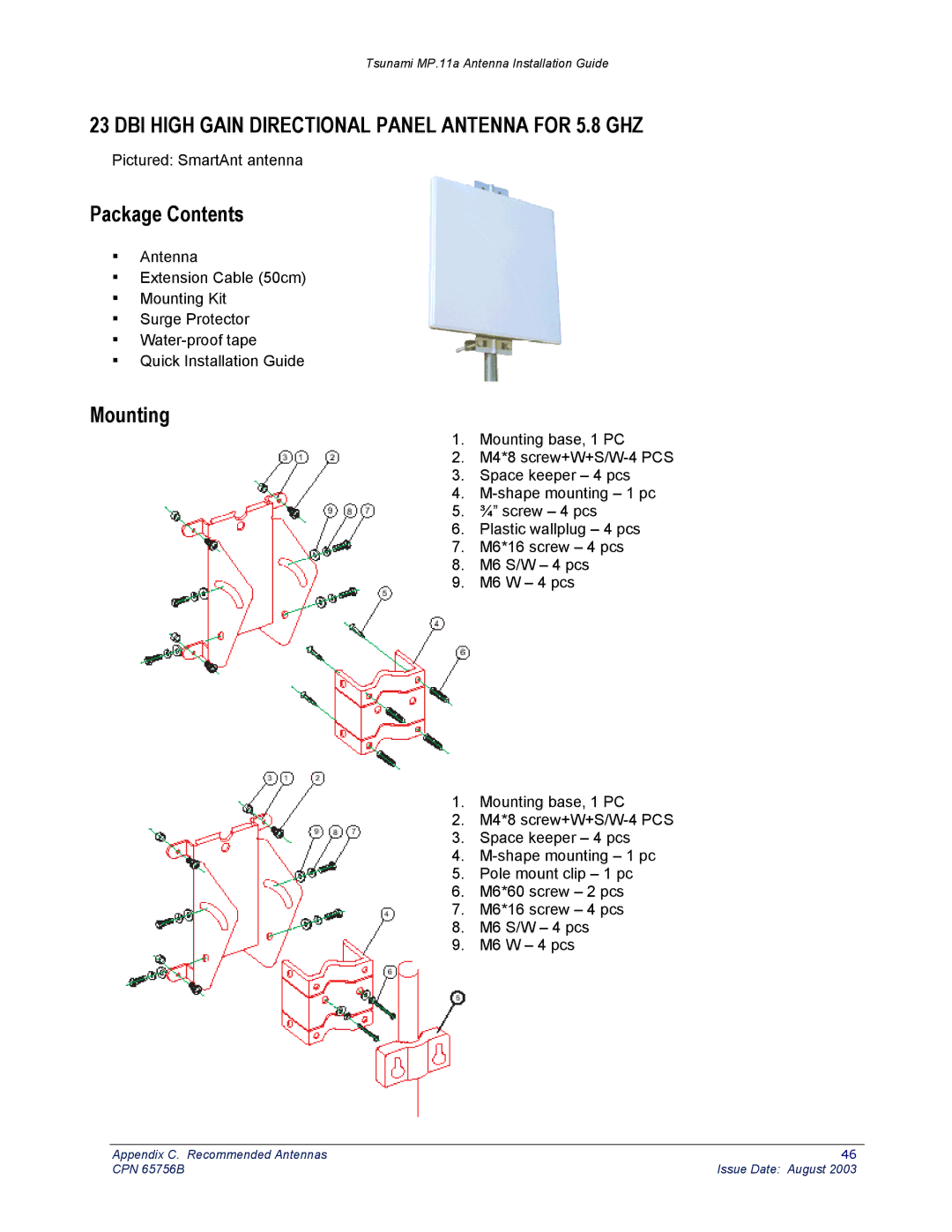 Proxim CPN 65756B manual DBI High Gain Directional Panel Antenna for 5.8 GHZ, Package Contents, Mounting 