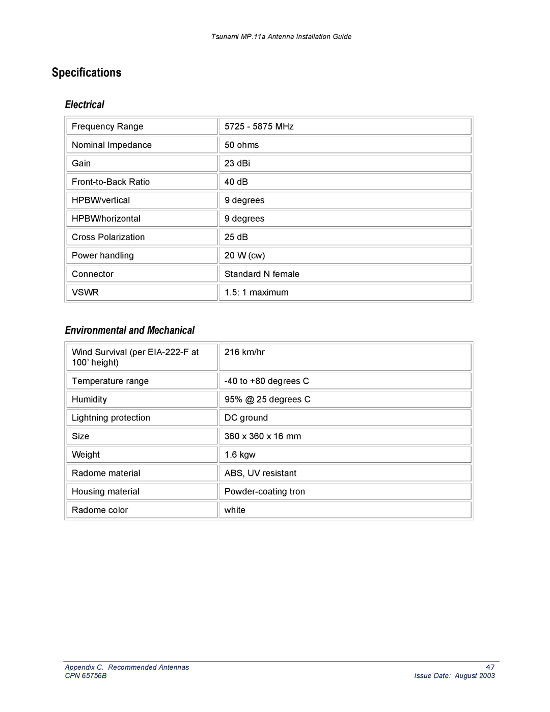 Proxim CPN 65756B manual Electrical 