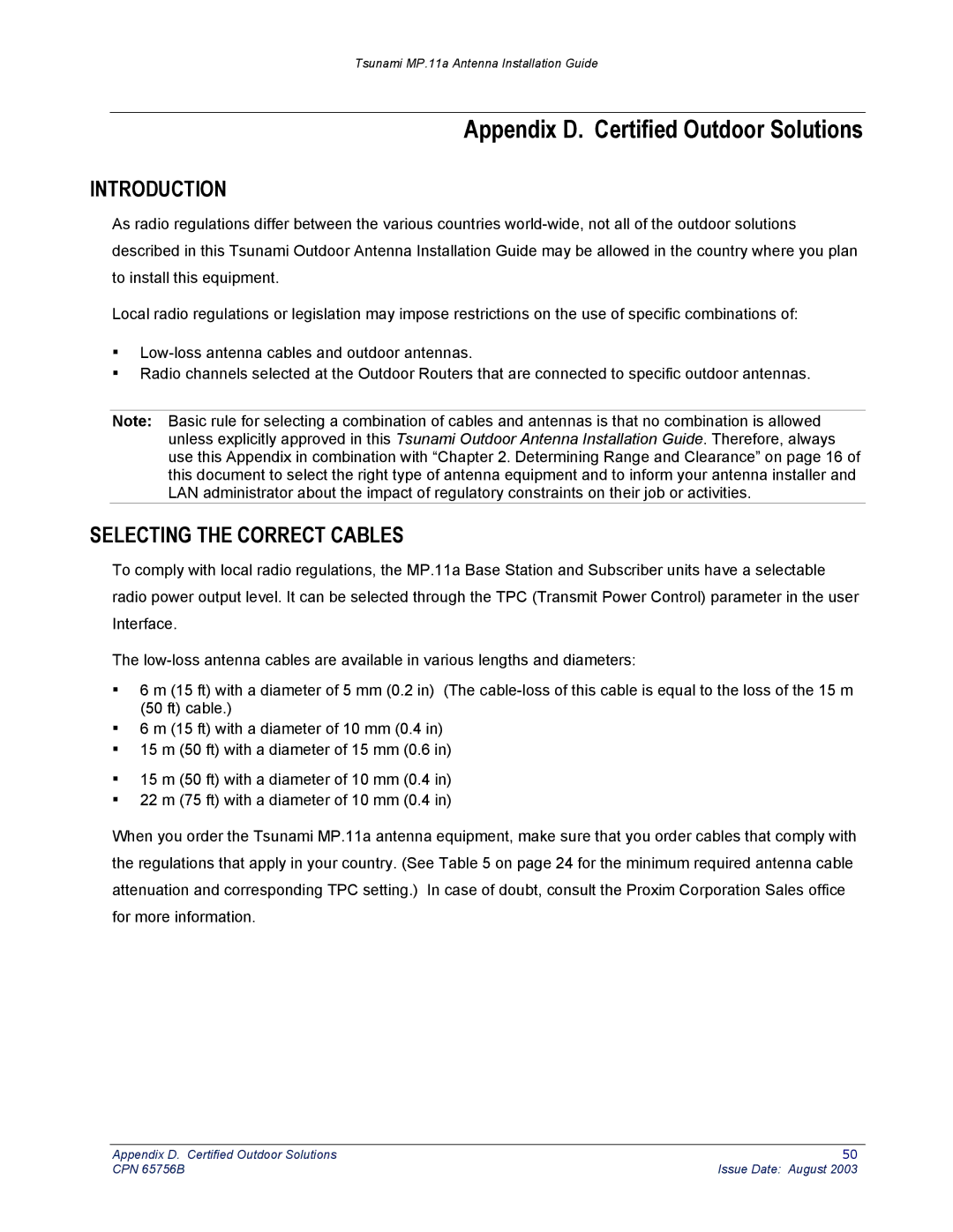 Proxim CPN 65756B manual Appendix D. Certified Outdoor Solutions, Introduction, Selecting the Correct Cables 