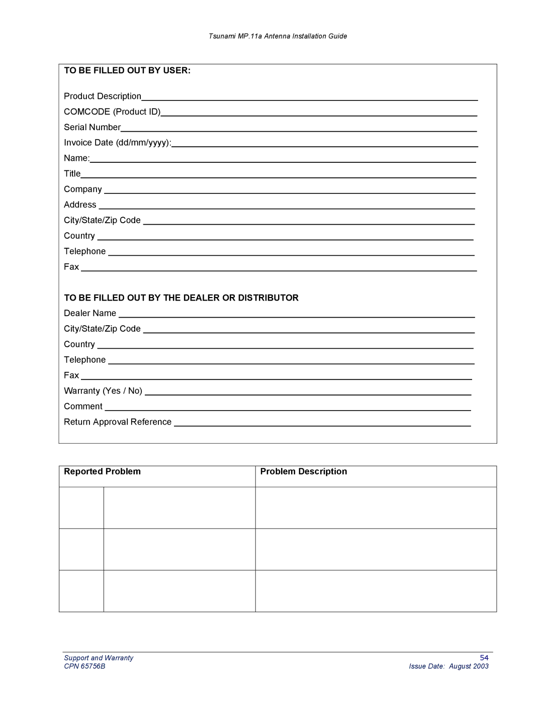 Proxim CPN 65756B manual To be Filled OUT by User, Reported Problem Problem Description 