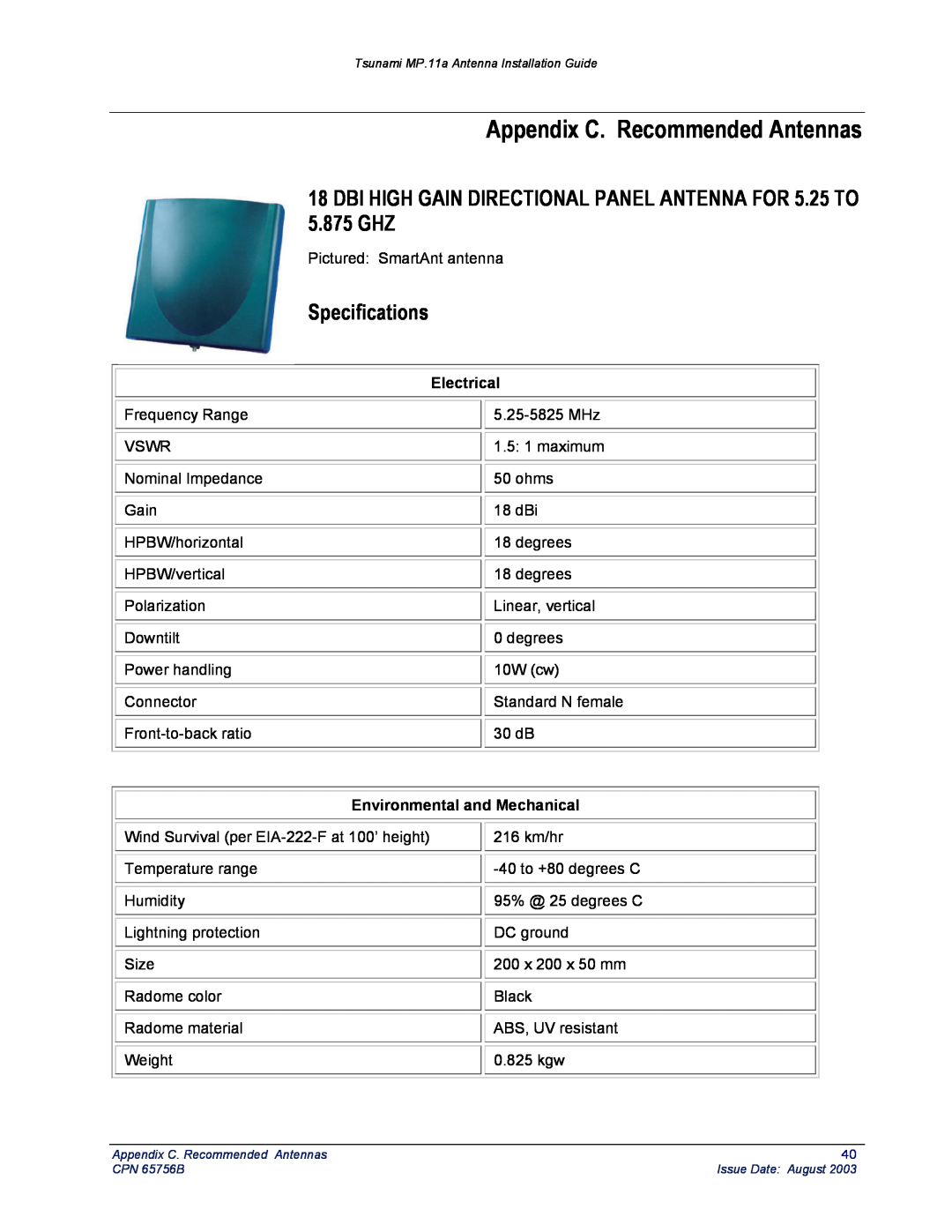 Proxim CPN 65756B manual Appendix C. Recommended Antennas, 5.875 GHZ, Electrical, Specifications 