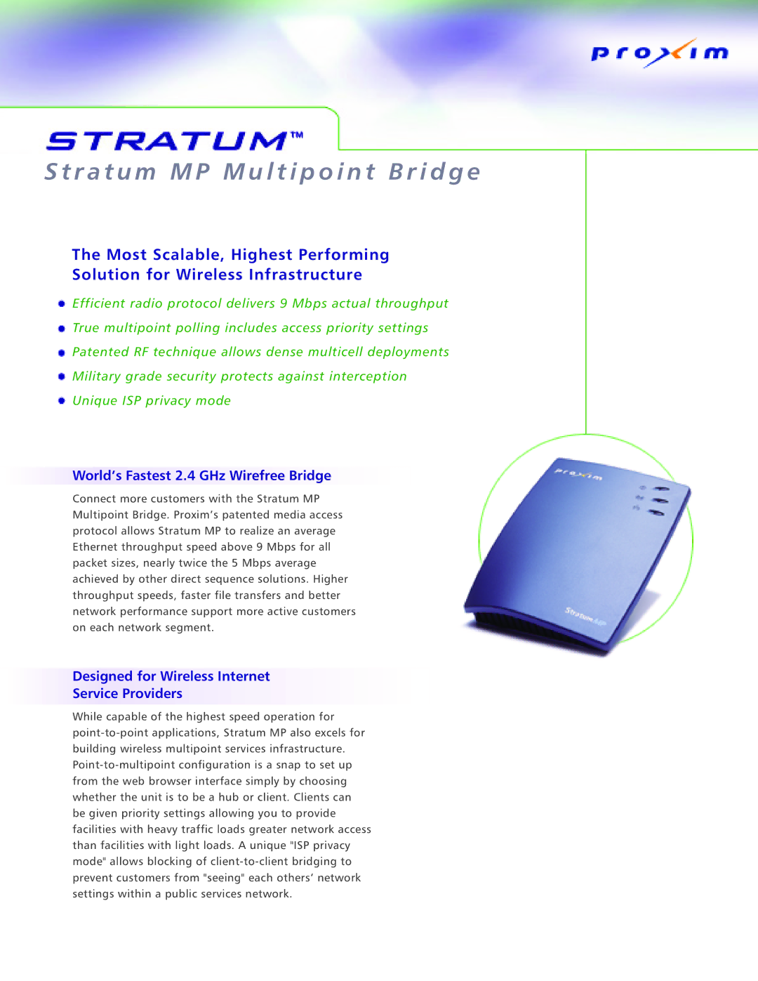 Proxim Stratum manual World’s Fastest 2.4 GHz Wirefree Bridge, Designed for Wireless Internet Service Providers 