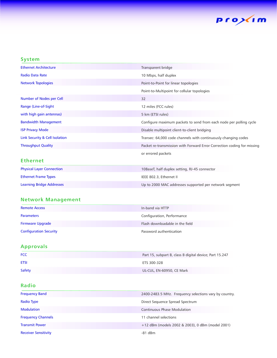 Proxim Stratum manual System, Ethernet, Network Management, Approvals, Radio 