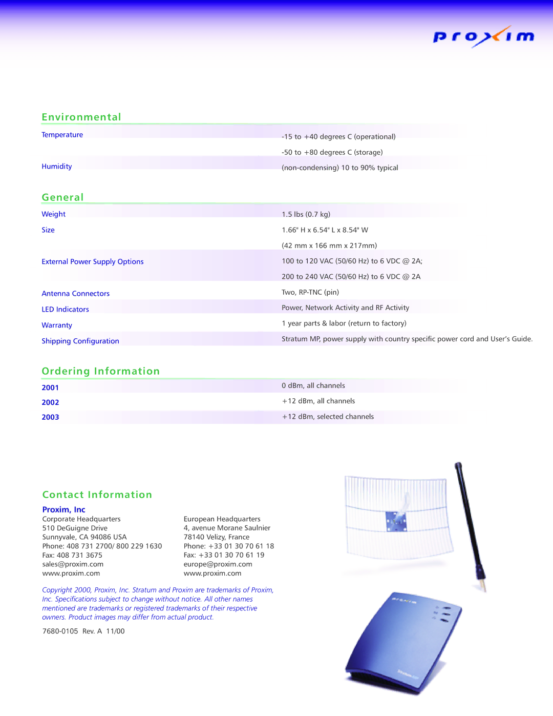 Proxim Stratum manual Environmental, General, Ordering Information, Contact Information 