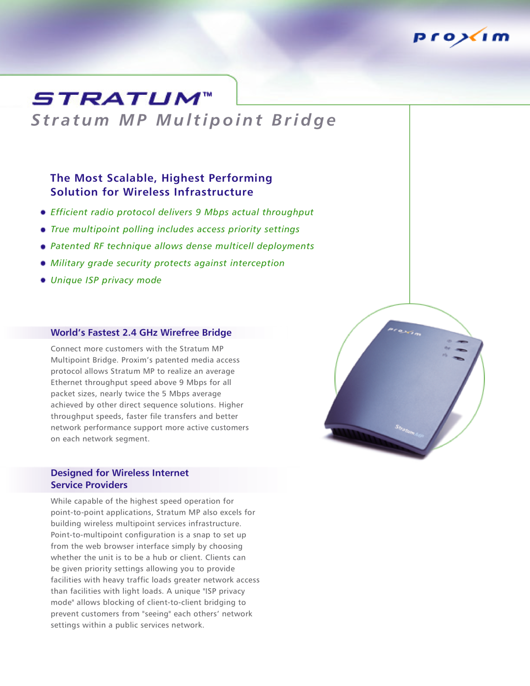 Proxim Stratum manual World’s Fastest 2.4 GHz Wirefree Bridge, Designed for Wireless Internet Service Providers 