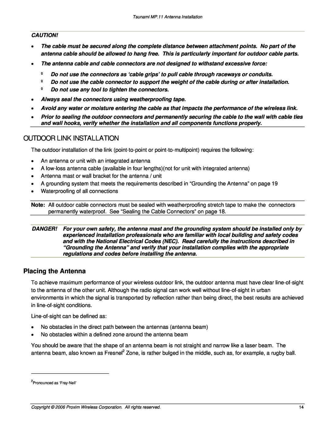 Proxim Tsunami MP.11 manual Outdoor Link Installation, Placing the Antenna 
