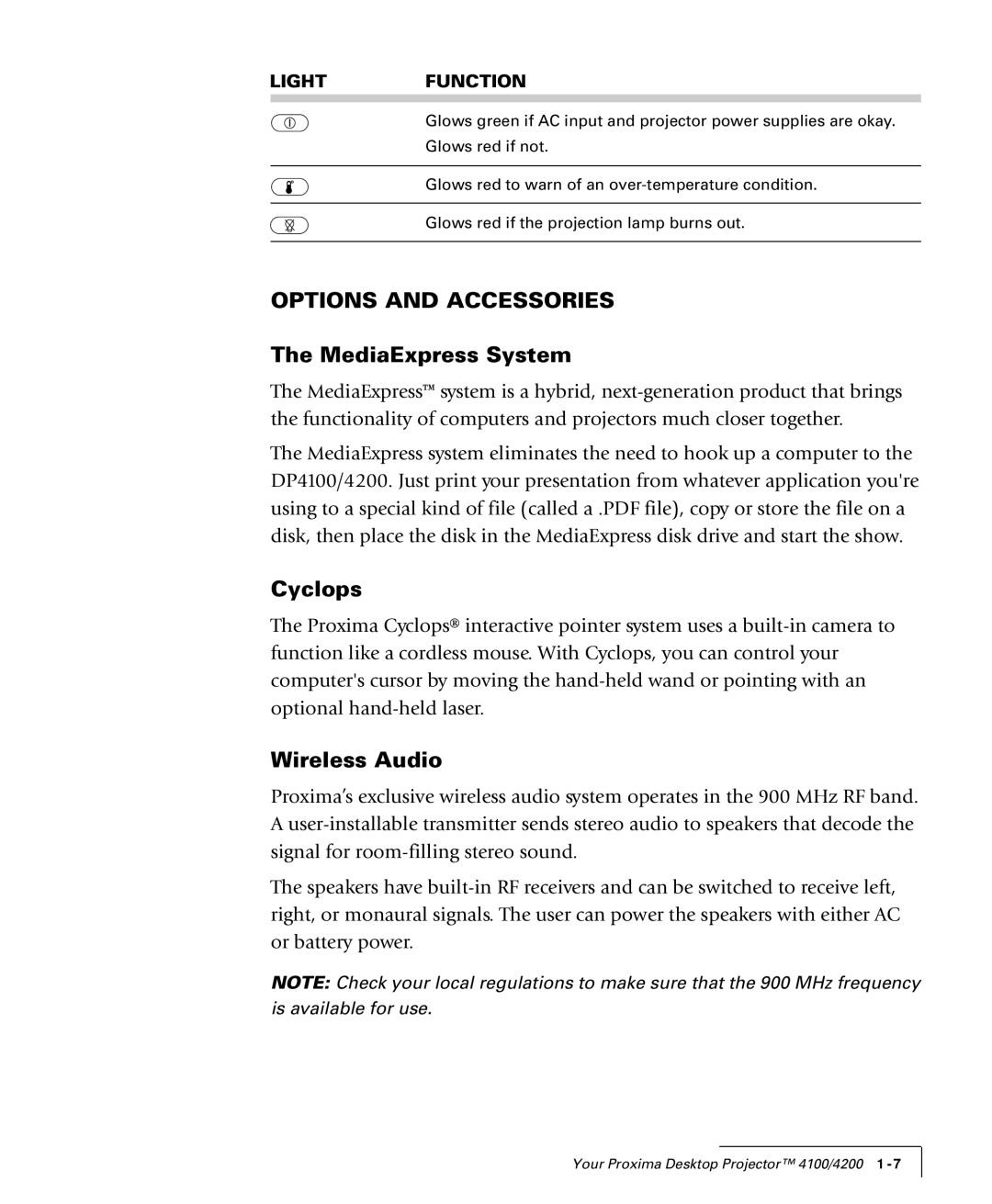 Proxima ASA 4100/4200 manual Options and Accessories, MediaExpress System, Cyclops, Wireless Audio, Light Function 