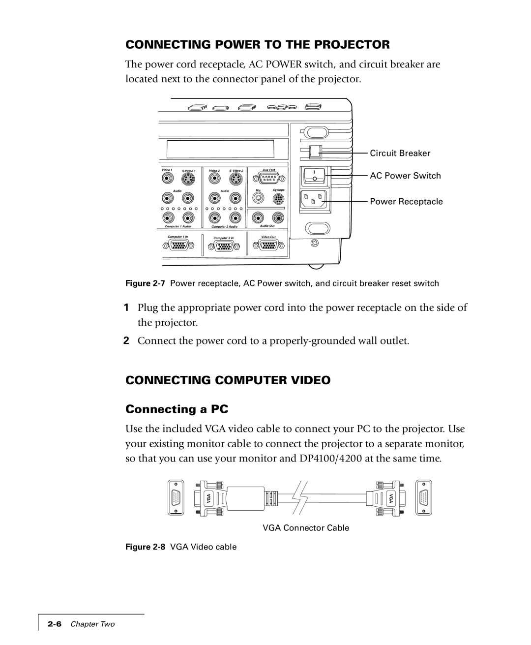 Proxima ASA 4100/4200 manual Connecting Power to the Projector, Connecting Computer Video, Connecting a PC 