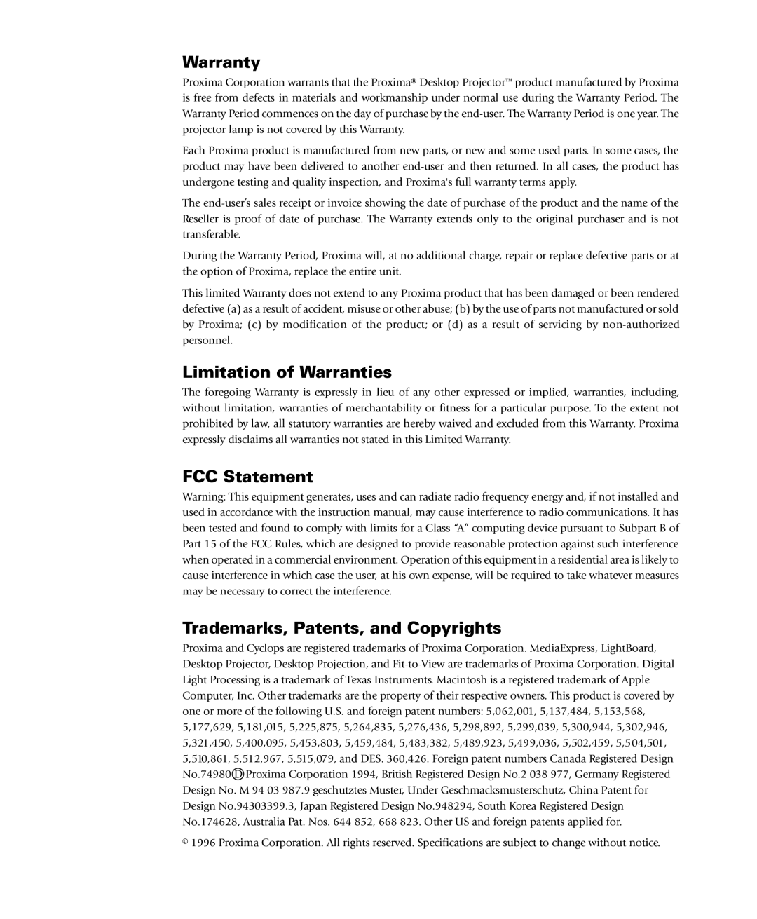 Proxima ASA 4100/4200 manual Warranty, Limitation of Warranties, FCC Statement Trademarks, Patents, and Copyrights 