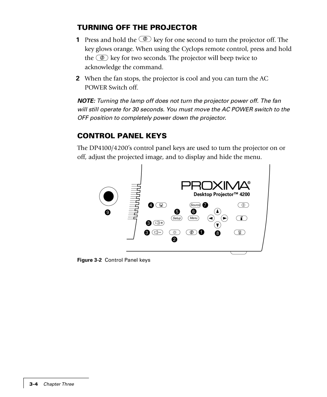 Proxima ASA 4100/4200 manual Turning OFF the Projector, Control Panel Keys 