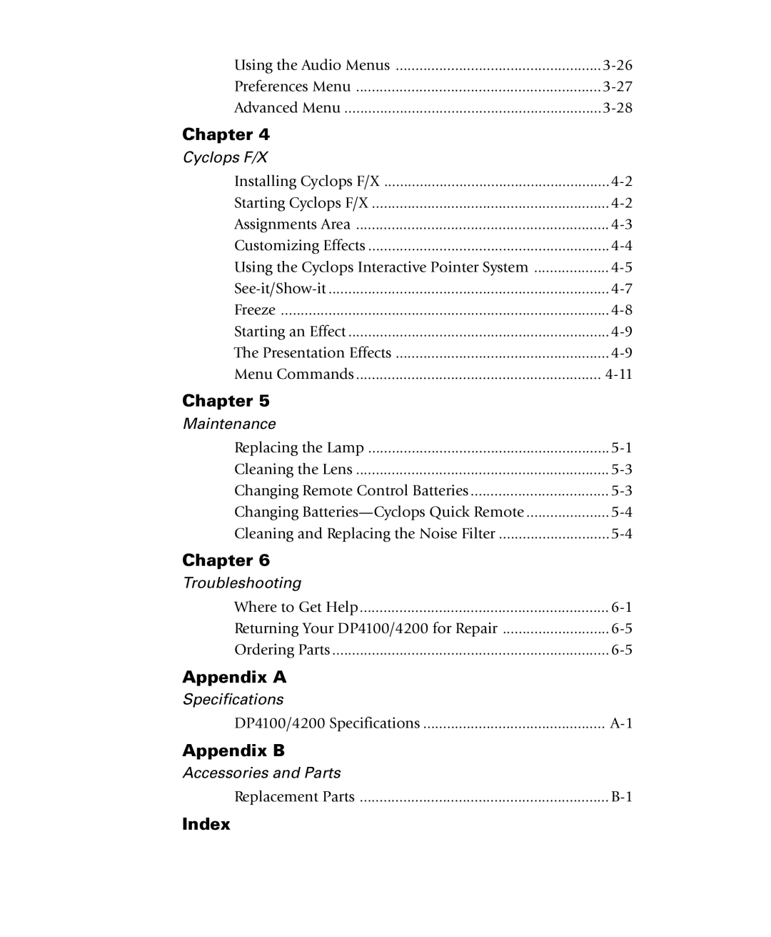 Proxima ASA 4100/4200 manual Appendix a, Appendix B, Index 