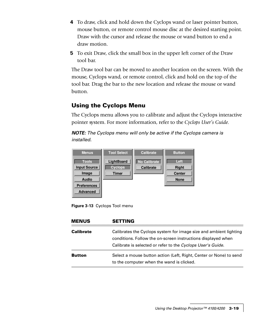 Proxima ASA 4100/4200 manual Using the Cyclops Menu, Menus Setting, Calibrate, Button 