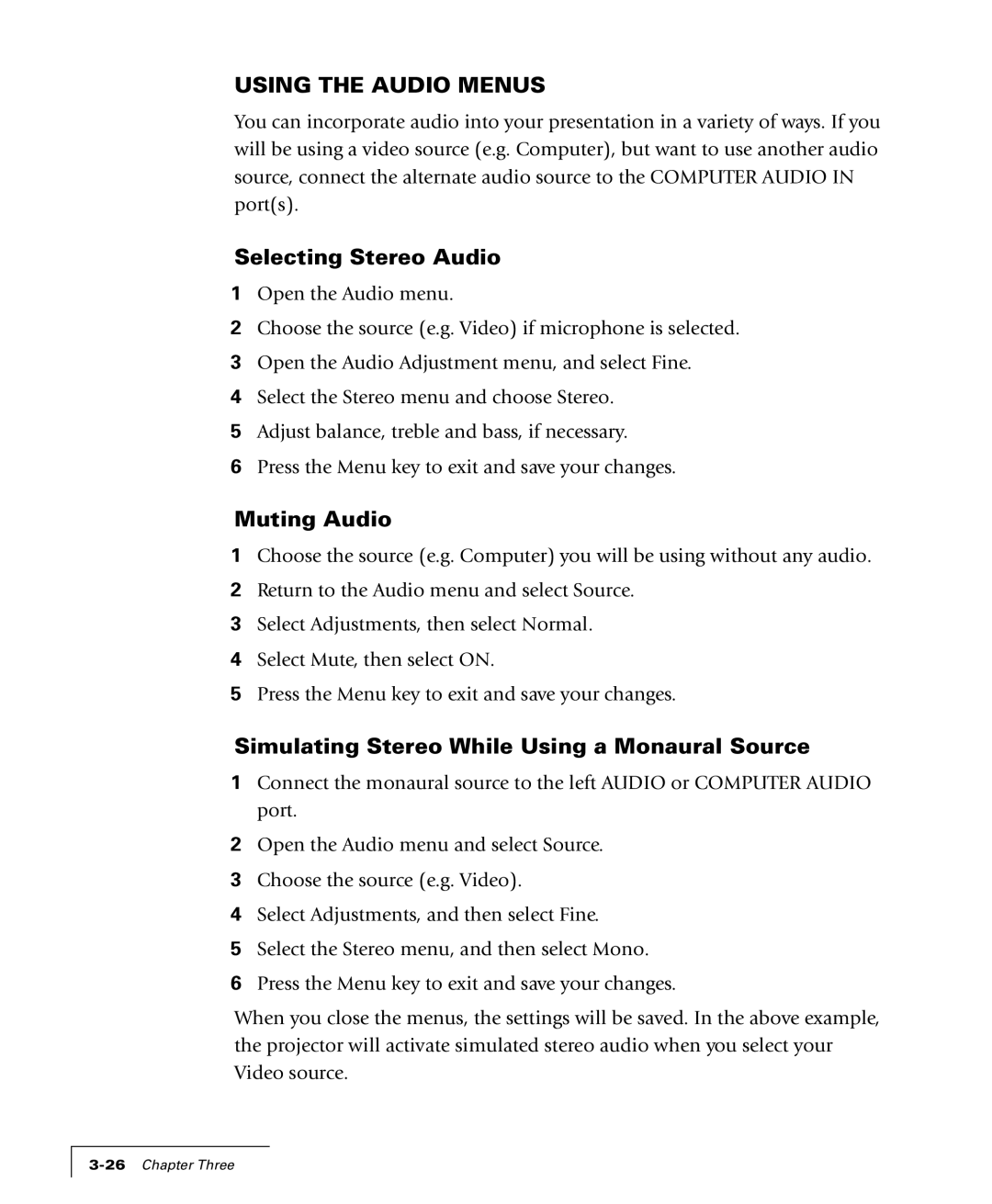 Proxima ASA 4100/4200 manual Using the Audio Menus, Selecting Stereo Audio, Muting Audio 